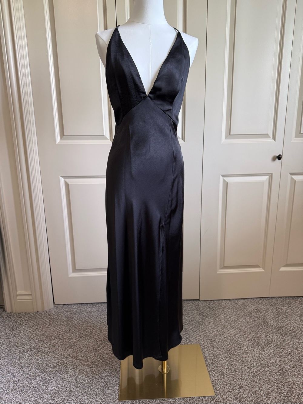 Hello Molly Black Satin Plunge Midi Dress